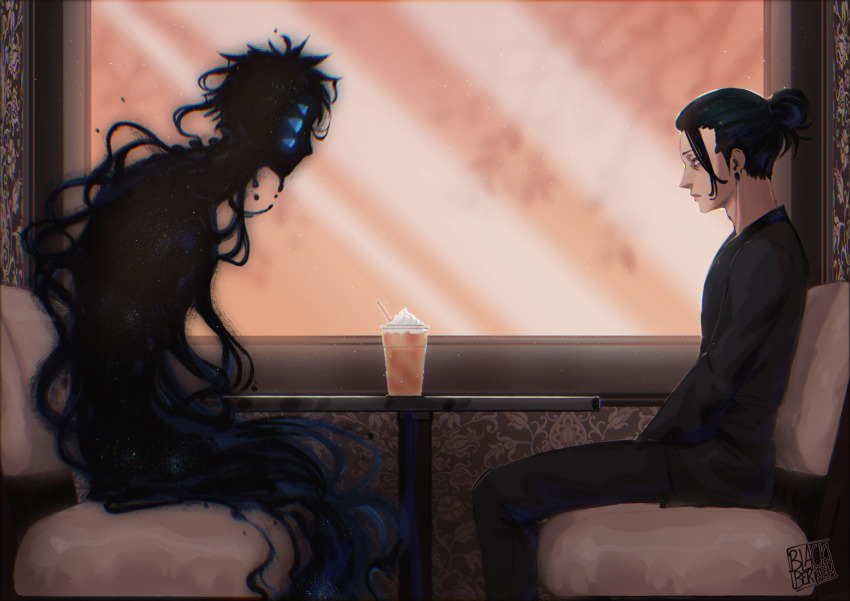 2boys black_hair blackberreh-art blue_eyes closed_mouth commentary cup ear_piercing english_commentary getou_suguru gojou_satoru hair_bun hair_pulled_back highres jujutsu_kaisen long_sleeves male_focus monster multiple_boys pants piercing plug_(piercing) short_hair single_hair_bun sitting table