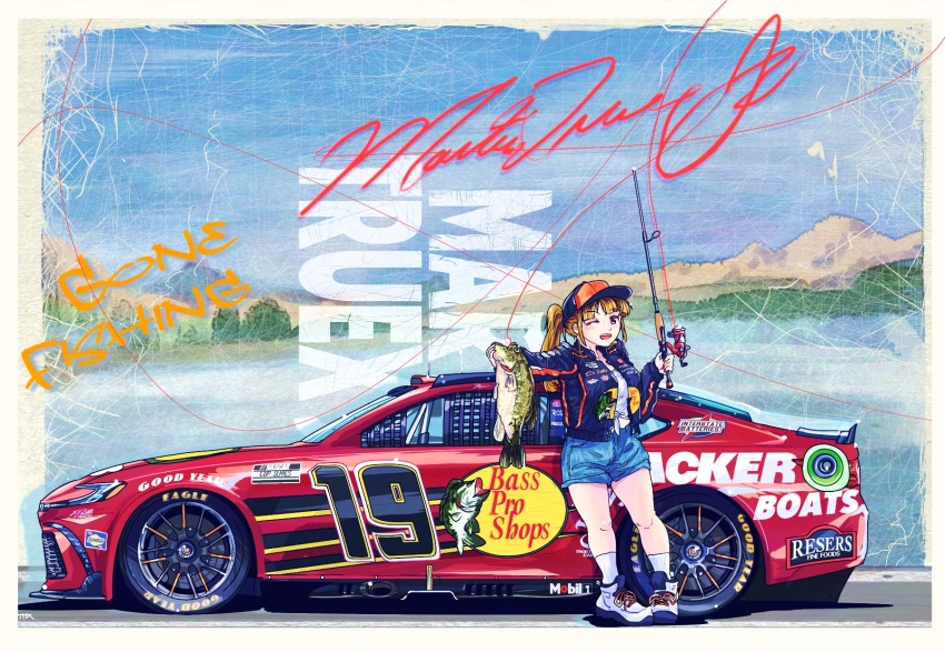 1girl animal baseball_cap bass_pro_shops black_jacket blue_shorts brown_eyes brown_hair car commission cosplay fish fishing_rod goodyear hat highres holding holding_animal holding_fish holding_fishing_rod jacket looking_at_viewer martin_truex martin_truex_(cosplay) mobil1 motor_vehicle nascar one_eye_closed original ponytail race_vehicle racecar red_car shirt shoes shorts sneakers socks sponsor thrux tied_shirt toyota toyota_camry vehicle_focus white_shirt white_shoes white_socks