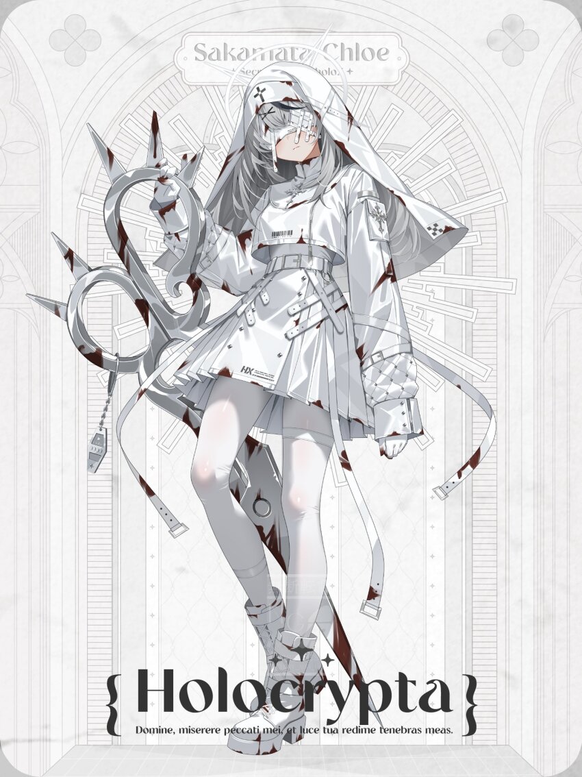 1girl alternate_costume belt black_streaks blindfold_mask blood blood_on_clothes blood_on_gloves blood_on_shoes bloody_weapon boots center-flap_bangs character_name commentary_request cropped_jacket double-parted_bangs facing_viewer foreground_text full_body gloves grey_hair highres holding holding_scissors holding_weapon hololive ishihara_(kuniyoshi) jacket long_hair mask pantyhose platform_boots sakamata_chloe scissors skirt solo virtual_youtuber weapon white_belt white_boots white_coif white_gloves white_jacket white_pantyhose white_skirt