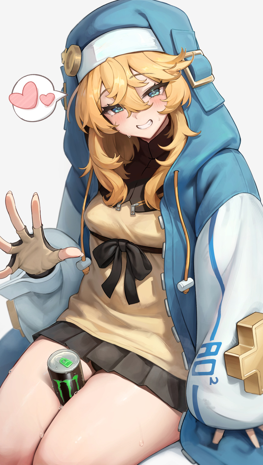 1boy absurdres androgyne_symbol aqua_eyes between_legs black_panties black_skirt blonde_hair blue_jacket breasts bridget_(guilty_gear) commentary_request fingerless_gloves fingernails gloves grin guilty_gear guilty_gear_strive hair_between_eyes hakusyokuto heart highres hood hood_up hooded_jacket jacket looking_at_viewer male_focus male_with_breasts miniskirt monster_energy panties pantyshot pleated_skirt shirt sitting skirt small_breasts smile solo spoken_heart sweat thighs trap underwear yellow_shirt