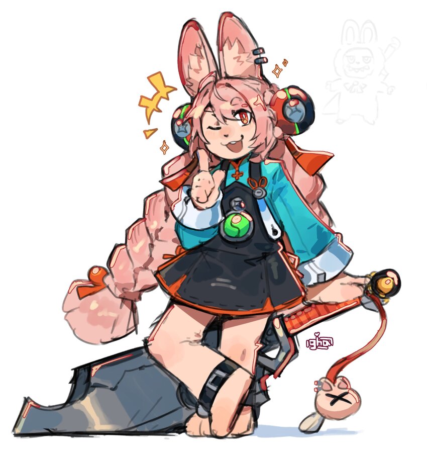 +++ 1girl absurdres animal_ear_fluff animal_ear_piercing animal_ears animal_feet anklet braid braided_twintails bright_pupils commentary english_commentary full_body furry furry_female graysheartart green_shirt highres holding holding_sword holding_weapon index_finger_raised jewelry labubu long_hair looking_at_viewer one_eye_closed open_mouth pink_fur pink_hair rabbit_ears rabbit_girl red_eyes screw shirt short_eyebrows simple_background sketch solo sword thick_eyebrows weapon white_background white_pupils zenless_zone_zero zhao_(zenless_zone_zero)