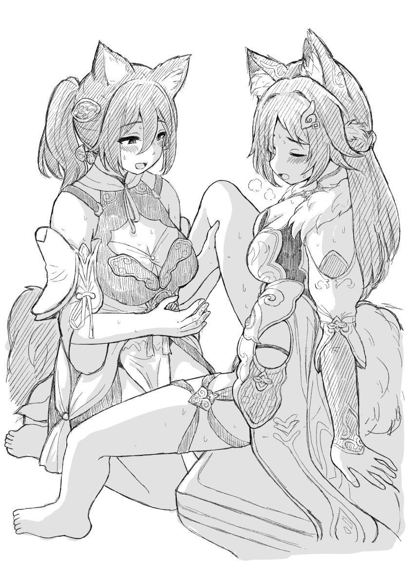2girls absurdres after_fingering animal_ear_fluff animal_ears barefoot blush breasts cleavage cleavage_cutout closed_eyes clothing_cutout commentary_request detached_sleeves dress fox_ears fox_girl fox_tail greyscale hair_ornament heavy_breathing highres honkai:_star_rail honkai_(series) kneeling large_breasts monochrome multiple_girls noe_aoikaba open_mouth pussy_juice pussy_juice_on_fingers sitting smile sweat tail tingyun_(honkai:_star_rail) yukong_(honkai:_star_rail) yuri