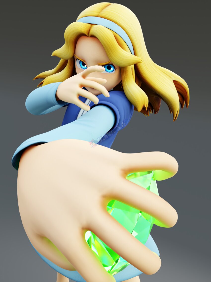 3d absurdres blonde_hair blouse blue_eyes blue_shirt blue_shoes chaos_emerald dress gem green_gemstone grey_background hands_up highres holding holding_gem hunicrio long_dress long_hair long_sleeves maria_robotnik puffy_sleeves shirt shoes short_sleeves sidelocks simple_background sonic_(series)