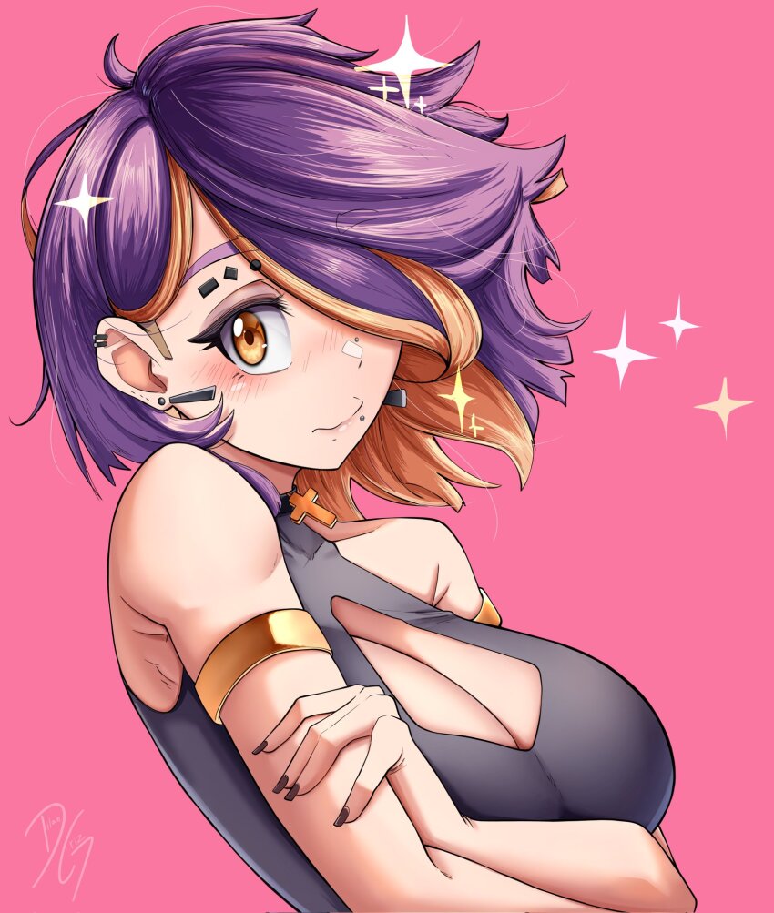 1girl armlet armpit_crease bare_shoulders black_choker blush breasts choker cleavage cleavage_cutout closed_mouth clothing_cutout commentary cross cross_choker dilan_griz ear_piercing english_commentary eyebrow_piercing face_piercing from_side gold_armlet grey_shirt hair_over_one_eye hand_on_own_arm highres jewelry labret_piercing large_breasts looking_at_viewer multicolored_hair multiple_piercings nose_piercing one_eye_covered orange_eyes orange_streaks original parted_bangs parted_hair piercing pink_background purple_hair queen_(dilan_griz) shirt short_hair simple_background sleeveless sleeveless_shirt solo sparkle streaked_hair upper_body