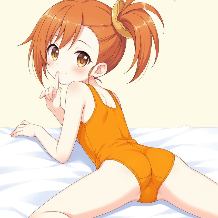 1girl ass bad_tag bed blush flat_ass flat_chest from_behind highres kala_chana legs loli looking_back lying misogi_(princess_connect!) on_bed on_stomach one-piece_swimsuit orange_hair ponytail princess_connect! side_ponytail smile solo spread_legs swimsuit yellow_eyes