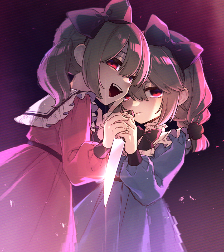 2girls bow commentary_request dress expressionless goshi-san grey_hair hair_bow highres holding holding_hands holding_knife knife looking_at_viewer medium_hair multiple_girls original red_eyes siblings sisters smile twins twintails