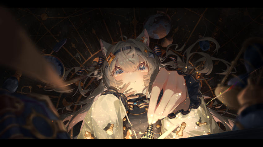 1girl ahoge analog_clock animal_ear_fluff animal_ear_piercing animal_ears blue_eyes book chess_piece clock commentary_request drawer_bushi_huajia floating floating_object frilled_sleeves frills from_below globe grey_hair hair_ornament hair_ribbon hairband hairpin highres holding holding_chess_piece hourglass long_hair looking_at_viewer original puffy_sleeves ribbon short_twintails smile solo twintails underlighting wolf_ears wolf_girl