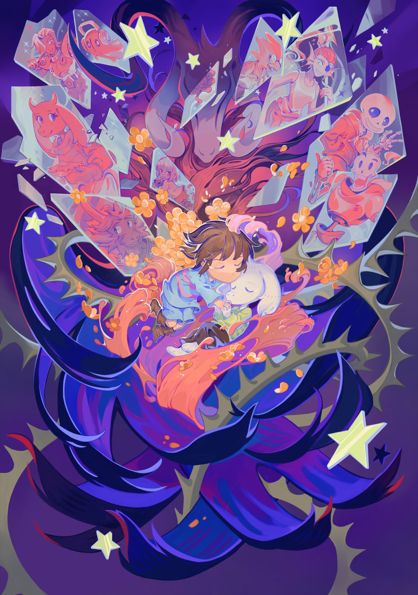 2others 3girls 6+boys alphys androgynous android asgore_dreemurr asriel_dreemurr asriel_dreemurr_(god_of_hyperdeath) b.i.a barefoot beard black_eyes blue_background blue_shirt blue_shorts blush_stickers boots brown_boots brown_hair brown_pants buck_teeth chara_(undertale) closed_eyes dark_persona deformed evil_smile eyepatch facial_hair fins floppy_ears flower flowey_(undertale) food frisk_(undertale) full_body furry furry_female furry_male ghost glass_shards glasses gloves gradient_background green_shirt grin hair_over_one_eye head_fins headphones high_ponytail highres holding holding_food holding_hands holding_microphone hollow_eyes horns interlocked_fingers jacket lab_coat liquid long_hair looking_at_viewer looking_back looking_to_the_side mettaton mettaton_ex microphone monster_girl multiple_boys multiple_girls multiple_others multiple_persona napstablook no_mouth open_clothes open_jacket open_mouth oven_mitts pants papyrus_(undertale) partially_colored pie ponytail raised_eyebrow rimless_eyewear robot round_eyewear sans_(undertale) scarf sharp_teeth shirt short_hair shorts skeleton skull slit_pupils smile solid_eyes star_(symbol) striped_clothes striped_shirt tank_top tears teeth thick_beard thumbs_up toriel u_u undertale undyne utdr_(toby_fox) w yellow_flower