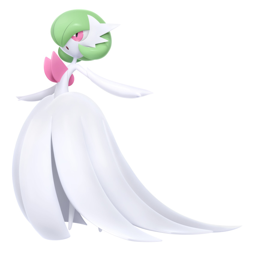 3d absurdres artist_request dress full_body gardevoir gen_3_pokemon highres mega_gardevoir mega_pokemon nintendo official_art open_mouth pink_eyes pokemon pokemon_(creature) pokemon_focus pokemon_legends:_z-a third-party_source transparent_background white_dress