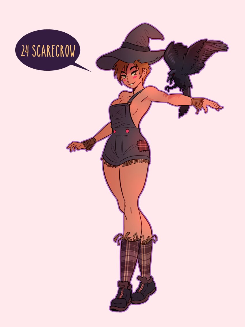 1girl absurdres bird breasts cassidy_(neal_d._anderson) commentary crow english_commentary full_body hat highres inktober looking_at_viewer medium_breasts mole mole_above_mouth naked_overalls neal_d._anderson original overall_shorts overalls protected_link scarecrow smile solo speech_bubble standing