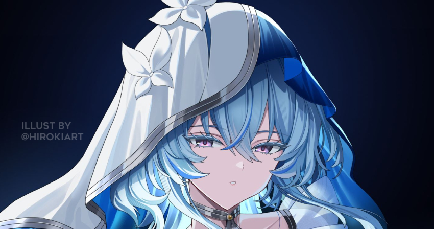 1girl blue_hair blue_veil colored_eyelashes commentary dark_background hair_between_eyes hiroki_(hirokiart) long_hair looking_at_viewer parted_lips purple_eyes shorekeeper_(wuthering_waves) solo twitter_username two-tone_veil unfinished veil white_veil wuthering_waves