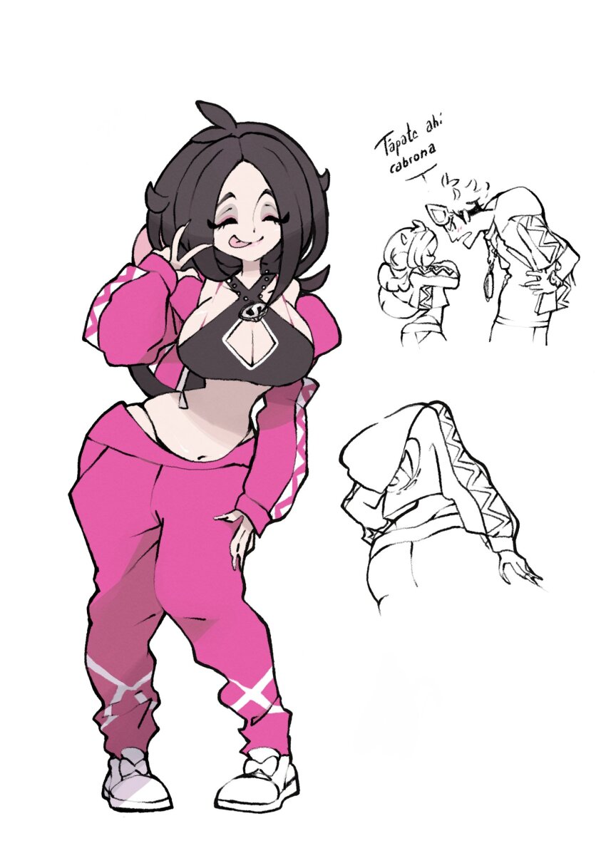 1boy 1girl ^_^ ahoge baggy_pants black_hair bob_cut bonnibelboo bra_strap breasts cleavage cleavage_cutout closed_eyes clothing_cutout criss-cross_halter crop_top cropped_jacket curvy doodle_inset eyeliner eyeshadow fingernails full_body guzma_(pokemon) halterneck hand_up highres huge_breasts jacket jewelry lipstick long_eyelashes long_fingernails long_hair long_sleeves makeup necklace nintendo official_style open_clothes open_jacket original pants panty_straps pink_eyeliner pink_jacket pink_lips pink_pants pokemon pokemon_sm shoes sideboob skull_necklace sleeves_past_wrists smile solo spanish_text speech_bubble sugimori_ken_(style) team_skull tongue tongue_out translation_request v white_shoes
