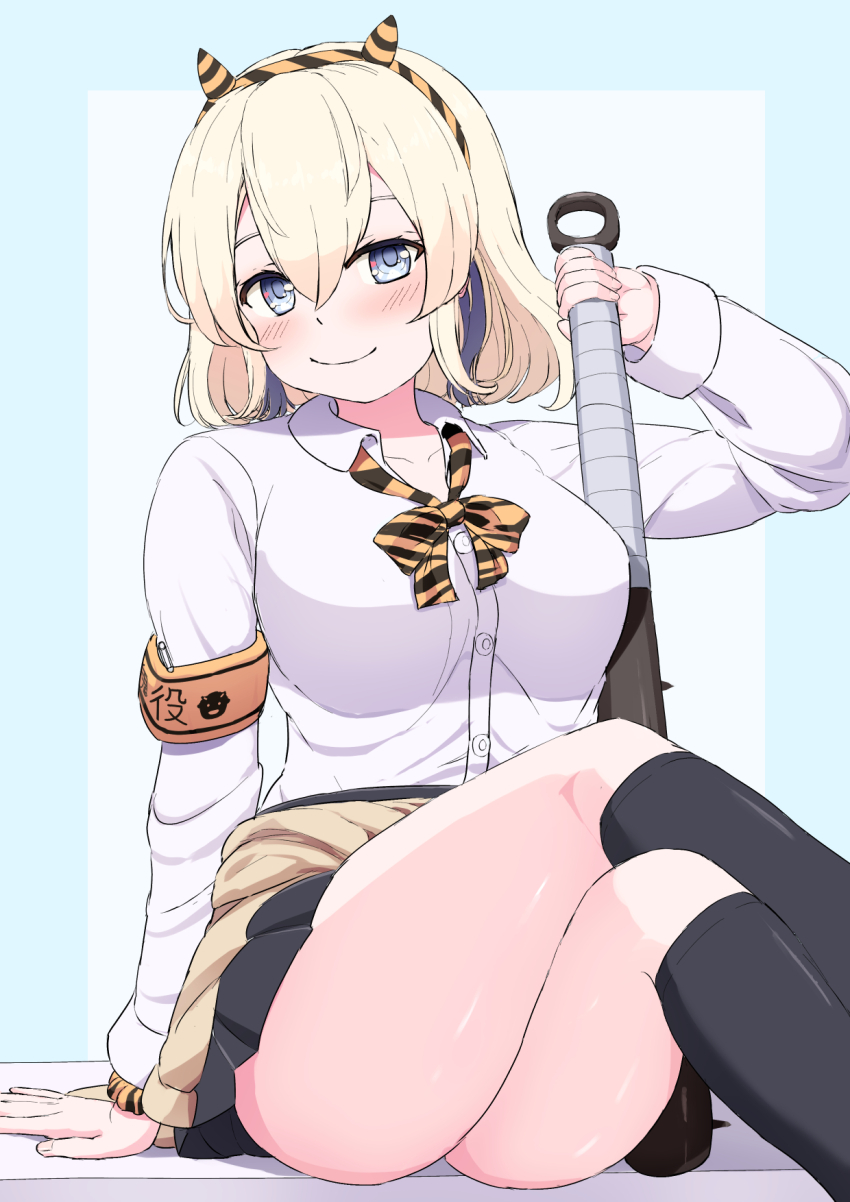 1girl animal_print armband black_skirt black_socks blonde_hair blue_eyes blue_hair bow bowtie breasts club club_(weapon) collared_shirt colored_inner_hair crossed_legs fake_horns gloire_(kancolle) gloire_kai_(setsubun)_(kancolle) hair_between_eyes highres holding holding_club holding_weapon horns kanabou kantai_collection large_breasts long_sleeves looking_at_viewer miniskirt multicolored_hair official_alternate_costume pleated_skirt setsubun shirt short_hair sitting skirt smile socks solo spiked_club tiger_print tsukimoto_reiji weapon white_shirt