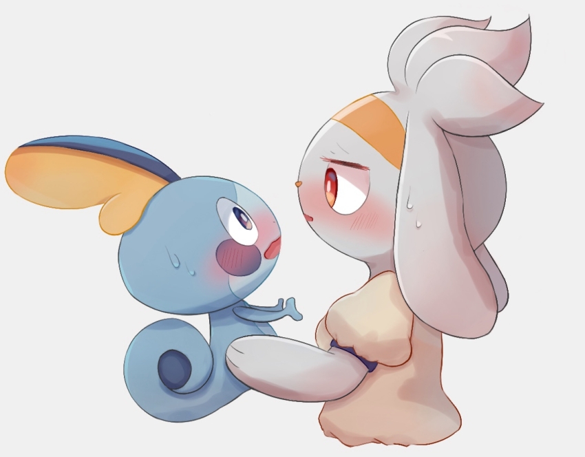 1girl animal_hands animal_nose blue_trim blush blush_stickers body_fur breasts bright_pupils cropped_torso embarrassed eye_contact female_focus from_side furry furry_female gen_8_pokemon grey_fur hands_up holding holding_pokemon kagetsu_(pixiv_59460925) looking_at_another nervous nintendo nose_blush open_mouth pokemon pokemon_(creature) profile puffy_short_sleeves puffy_sleeves rabbit_ears rabbit_girl raboot red_eyes shirt short_sleeves small_breasts sobble standing upper_body white_pupils yellow_shirt