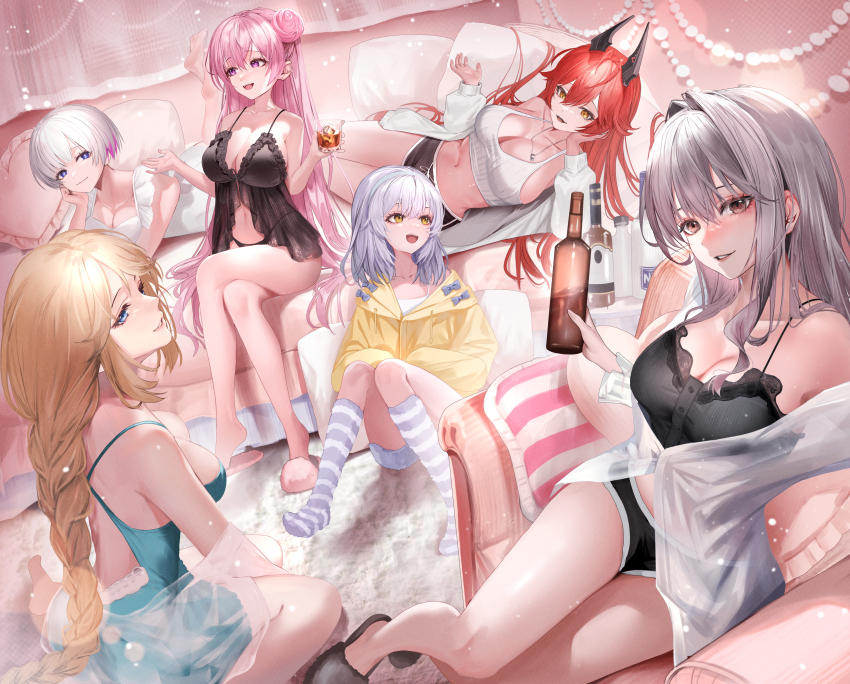 6+girls :d absurdres alternate_costume babydoll bare_shoulders black_babydoll black_panties black_shorts blonde_hair blue_eyes braid breasts casual cleavage closed_mouth collarbone commentary_request crop_top cup dolphin_shorts dorothy_(nikke) dress flower-shaped_hair full_body goddess_(nikke) goddess_of_victory:_nikke green_dress grey_hair group_picture hair_between_eyes hair_bun hair_flaps hair_intakes hand_on_own_cheek hand_on_own_face highres holding holding_cup horns indoors jacket karanashi_noma large_breasts liliweiss_(nikke) long_braid long_hair long_sleeves looking_at_another looking_at_viewer loungewear lying mechanical_horns midriff multicolored_hair multiple_girls navel off_shoulder on_side on_stomach open_clothes open_jacket open_mouth panties parted_lips partially_unbuttoned pink_hair purple_eyes rapunzel_(nikke) rapunzel_(pure_grace)_(nikke) red_hair red_hood_(nikke) scarlet_(black_shadow)_(nikke) scarlet_(nikke) see-through_clothes see-through_shirt shadow shirt short_hair short_shorts shorts sidelocks single_braid single_side_bun sitting sleeveless sleeveless_dress slippers small_breasts smile snow_white_(innocent_days)_(nikke) snow_white_(nikke) socks star-shaped_pupils star_(symbol) stomach striped_clothes striped_socks symbol-shaped_pupils tank_top underwear vertical-striped_clothes vertical-striped_socks very_long_hair wariza white_dress white_hair white_jacket white_shirt white_shorts white_tank_top yellow_eyes yellow_jacket