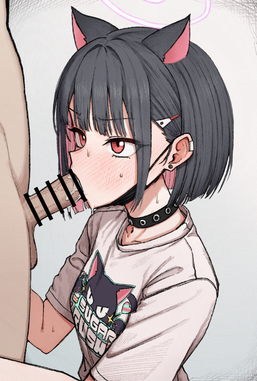 1boy 1girl animal_ears animal_print bar_censor black_choker black_hair black_mask blue_archive blush cat_ears cat_girl cat_print censored choker clothed_female_nude_male clothed_sex clothes_writing colored_inner_hair commentary_request earclip earrings fellatio from_side gradient_background grey_background hair_behind_ear hair_ornament hairclip halo hands_up hetero highres jewelry kazusa_(band)_(blue_archive) kazusa_(blue_archive) looking_at_another mask mask_pull mouth_mask multicolored_hair nose_blush nude official_alternate_costume oral penis pink_hair pink_halo poikuru print_shirt red_eyes saliva shirt short_hair short_sleeves solo_focus stud_earrings studded_choker sweat testicles two-tone_hair upper_body v-shaped_eyebrows white_shirt
