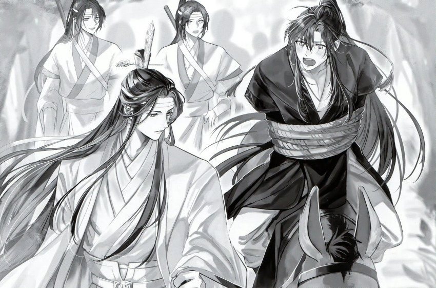 4boys ahoge animal arms_behind_back arrow_(projectile) blurry blush bound chinese_clothes chinese_commentary commentary_request donkey greyscale hair_ornament hair_ribbon hand_on_own_hip hanfu headband high_ponytail highres holding holding_reins lan_jingyi lan_sizhui lan_wangji little_apple_(donkey) long_hair long_sleeves looking_at_another male_focus mg_ms_dayo modao_zushi monochrome multiple_boys nature official_art open_mouth outdoors pants pectoral_cleavage pectorals people ponytail reins restrained ribbon riding riding_animal robe rope sash shoulder_strap sidelocks sitting smile standing sword sword_on_back tassel tassel_hair_ornament third-party_source topknot tree very_long_hair weapon weapon_on_back wei_wuxian wide_sleeves xiao_guan_(headdress) yaoi