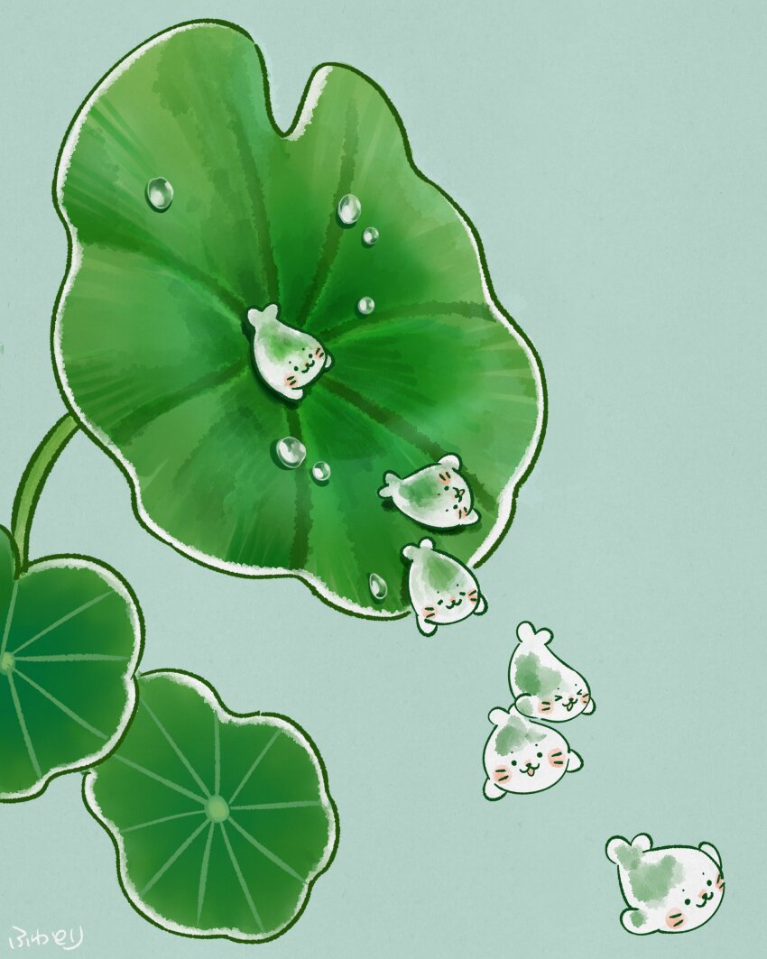 absurdres animal animal_focus commentary_request grey_background highres no_humans original plant seal_(animal) simple_background water_drop yatima_sirotan