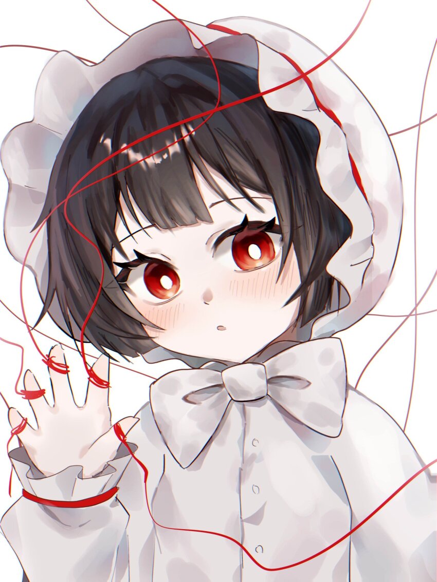 1girl aged_down baby black_hair blush bonnet bow bowtie bright_pupils commentary_request eyelashes highres korean_commentary limbus_company looking_at_viewer project_moon ranyo0680 red_eyes ryoshu_(project_moon) solo string upper_body white_background white_bow white_bowtie white_pupils