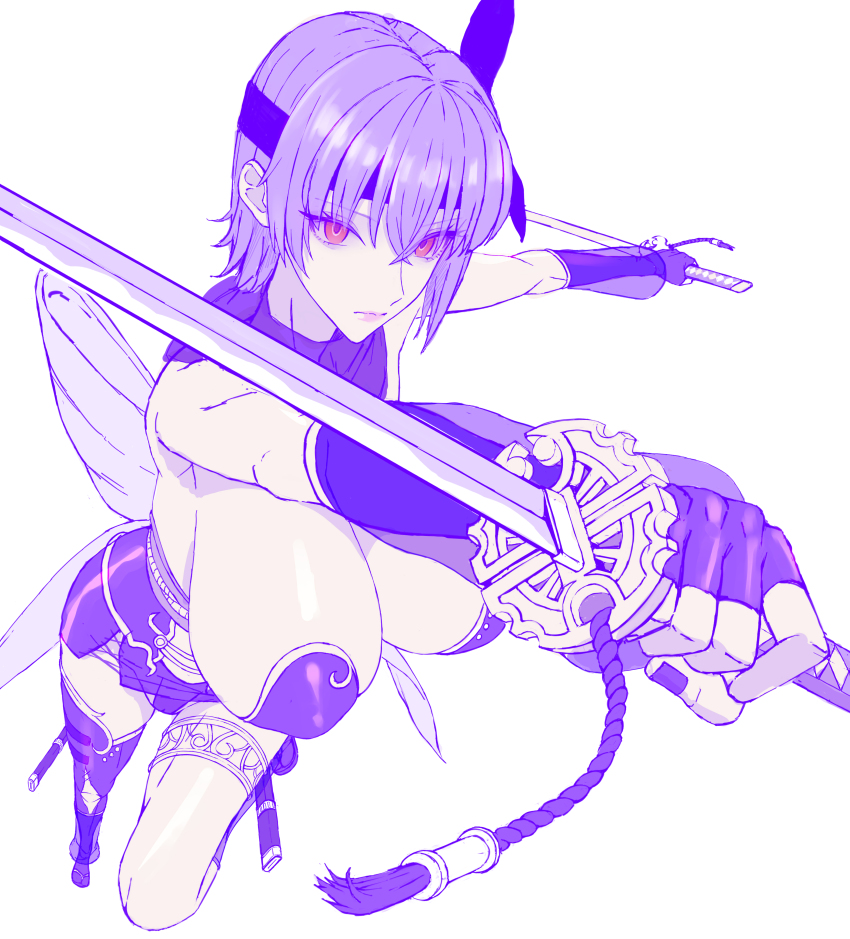 1girl absurdres ayane_(doa) bare_shoulders breasts cleavage commentary_request dead_or_alive fwaf headband highres huge_breasts navel ninja ninja_gaiden ninjatou pointy_breasts purple_hair purple_headband red_eyes sagging_breasts short_hair short_sword solo sword thighhighs underwear weapon