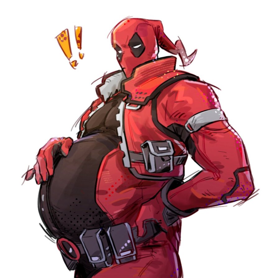 ! !! 1boy asaki_r belt big_belly chinese_commentary commentary_request covered_pectorals deadpool deadpool_(series) gloves hand_on_own_hip hand_on_own_stomach jacket looking_at_viewer male_focus male_pregnancy marvel marvel_rivals pectorals pregnant red_gloves red_jacket red_mask solo superhero_costume utility_belt white_background