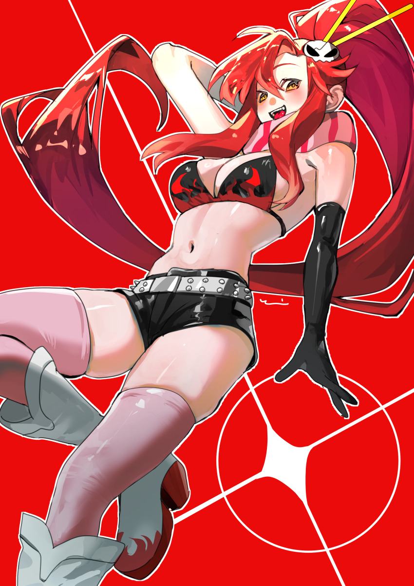 1girl :d absurdres belt bikini bikini_top_only black_shorts breasts cleavage commentary_request fingerless_gloves gloves hair_ornament highres katagiri_yuuhi_(paulowniayuuhi) large_breasts navel open_mouth pink_thighhighs red_background red_hair short_shorts shorts simple_background skull_hair_ornament smile solo stomach studded_belt swimsuit tengen_toppa_gurren_lagann thighhighs thighs yellow_eyes yoko_littner