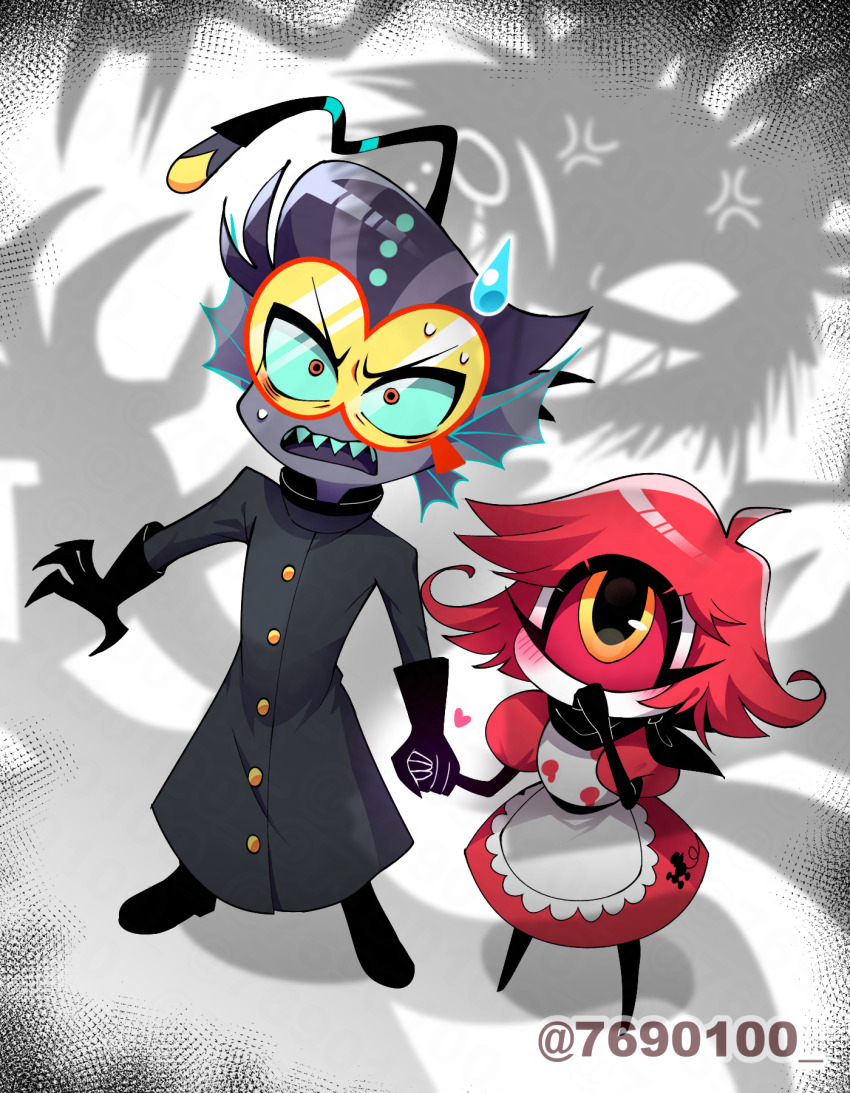 1girl 2boys :d ahoge alastor_(hazbin_hotel) anger_vein apron arms_at_sides bandana bandana_around_neck baxter_(hazbin_hotel) black_bandana black_boots black_coat black_gloves black_hair black_skin blue_sclera blush boots coat colored_sclera colored_skin commentary_request covering_own_mouth cyclops dress fewer_digits fins flipped_hair frilled_apron frills from_above full_body gloves goggles grin hair_slicked_back hand_up hazbin_hotel head_fins heart height_difference hellaverse high_heel_boots high_heels highres holding_hands long_sleeves looking_at_another maid_apron medium_dress menattou monocle multiple_boys niffty_(hazbin_hotel) one-eyed open_mouth puffy_short_sleeves puffy_sleeves red-framed_eyewear red_eyes red_hair red_sclera shadow sharp_teeth short_hair short_sleeves simple_background smile standing sweat teeth tinted_eyewear tongue twitter_username uneven_eyes upper_teeth_only v-shaped_eyebrows very_short_hair vignetting white_apron white_background white_dress white_skin yellow-tinted_eyewear yellow_eyes
