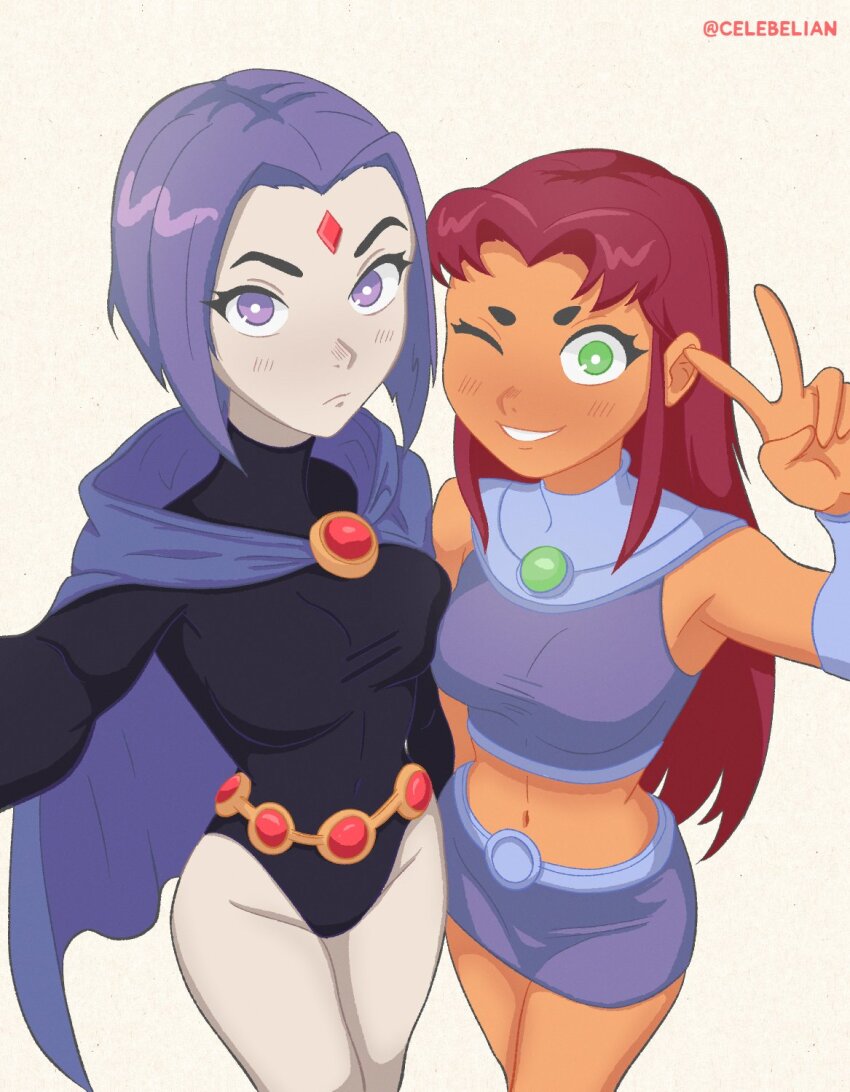 2girls black_leotard breasts bright_pupils cape celebelian closed_mouth colored_skin commentary dc_comics english_commentary forehead_jewel green_eyes grey_skin highres leotard long_hair looking_at_viewer medium_breasts multiple_girls navel one_eye_closed orange_skin purple_hair purple_tank_top raven_(dc) red_hair short_hair simple_background skirt sleeved_leotard smile standing starfire superhero_costume tank_top teen_titans twitter_username v white_background white_pupils