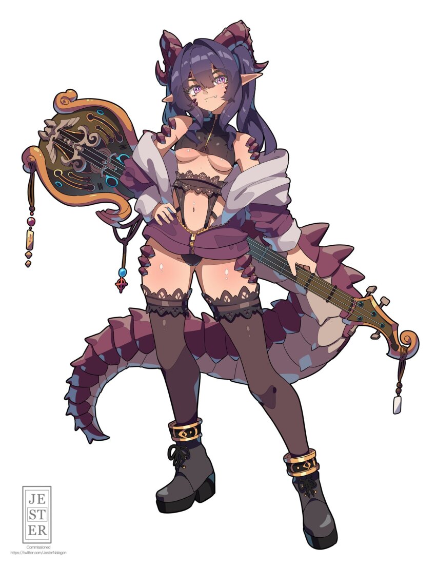 1girl ankle_boots black_boots boots breasts cardigan commission detached_sleeves dragon_horns dragon_tail full_body guitar hair_between_eyes high_heel_boots high_heels highres horns instrument jesternalagon jewelry lace lace-trimmed_thighhighs lace_trim lingerie long_hair long_sleeves looking_at_viewer navel open_cardigan open_clothes original oversized_sweater pointy_ears purple_eyes purple_hair scales sidelocks small_breasts solo standing sweater tail thighhighs underboob underwear white_background zipper