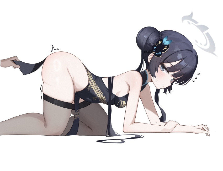 1girl 1other :t absurdres adapted_costume all_fours armpit_crease ass bare_arms bare_shoulders black_dress black_hair blue_archive blunt_bangs blush braid breasts brown_thighhighs bun_with_braided_base butterfly_hair_ornament china_dress chinese_clothes closed_mouth clothes_lift commentary dragon_print dress dress_lift eyelashes feet_out_of_frame flying_sweatdrops from_side grey_eyes grey_halo hair_bun hair_ornament hair_spread_out halo highres kisaki_(blue_archive) lifting_another's_clothes loli long_hair looking_at_viewer no_panties pelvic_curtain pout print_dress sideboob sidelocks simple_background skindentation sleeveless sleeveless_dress small_breasts thighhighs thighs twintails twitching very_long_hair white_background xiaoxiaoyifan