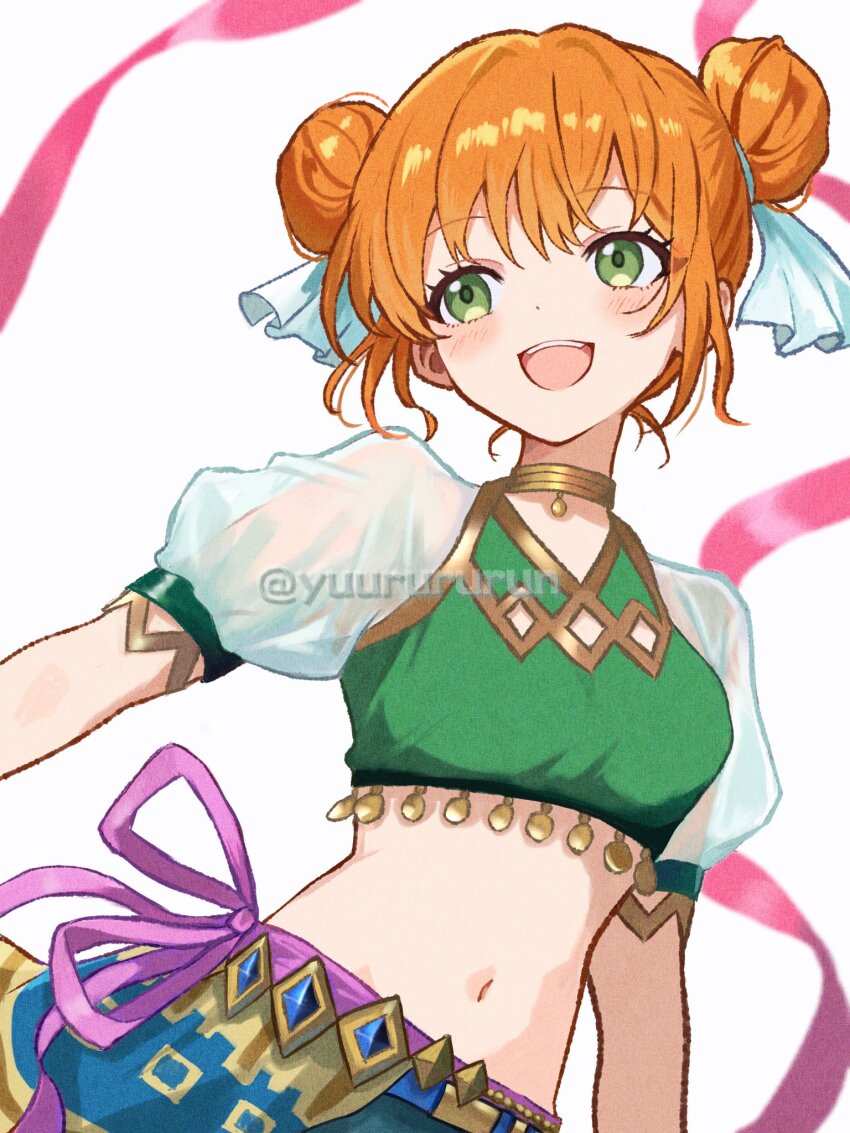 1girl breasts crop_top dancer double_bun fire_emblem fire_emblem:_the_blazing_blade green_eyes hair_bun highres larum_(fire_emblem) navel nintendo open_mouth orange_hair pink_ribbon puffy_short_sleeves puffy_sleeves ribbon see-through_clothes see-through_sleeves short_sleeves simple_background small_breasts solo teeth upper_body upper_teeth_only white_background yuurururun