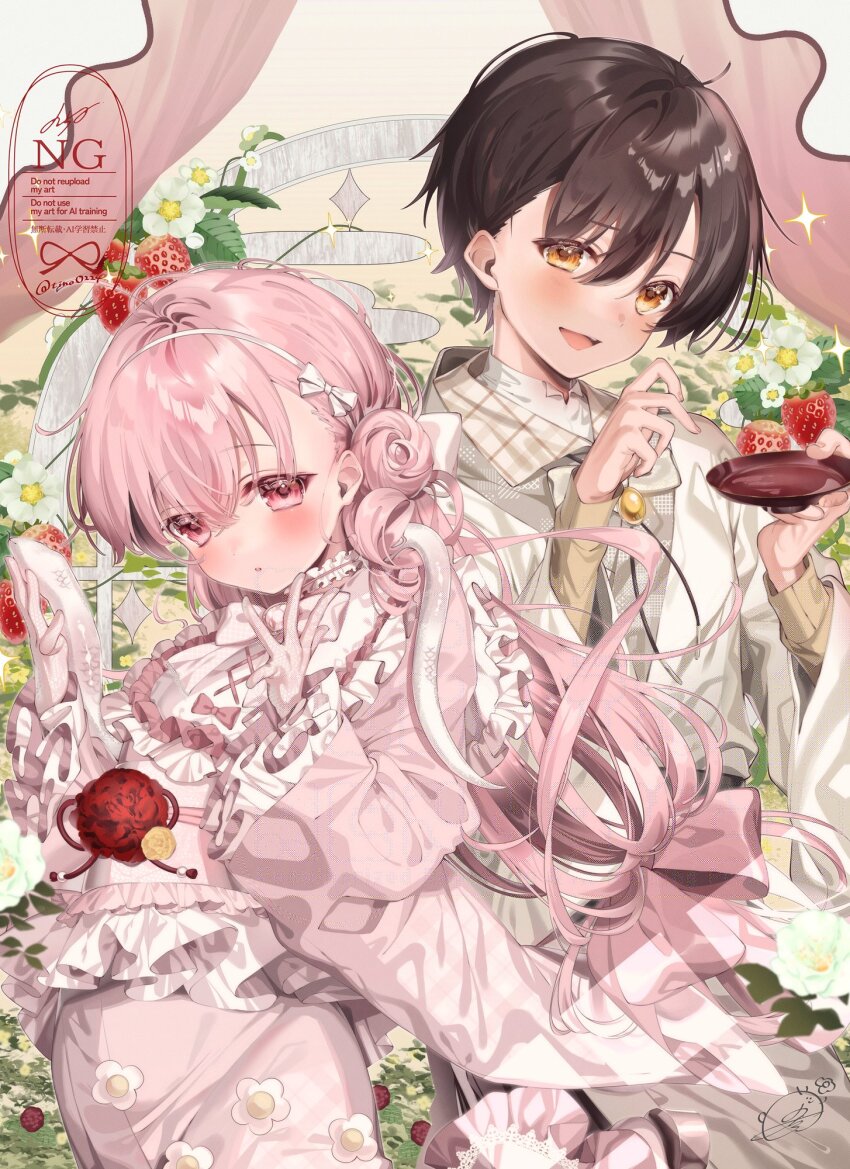 1boy 1girl bib_collar brown_hair chi_no collar commentary cup dress food frilled_collar frilled_sleeves frills fruit highres jacket long_hair long_sleeves looking_at_viewer open_mouth original pink_dress pink_eyes pink_hair pink_sash sakazuki sash short_hair snake strawberry symbol-only_commentary too_many too_many_frills white_collar white_jacket white_snake yellow_eyes
