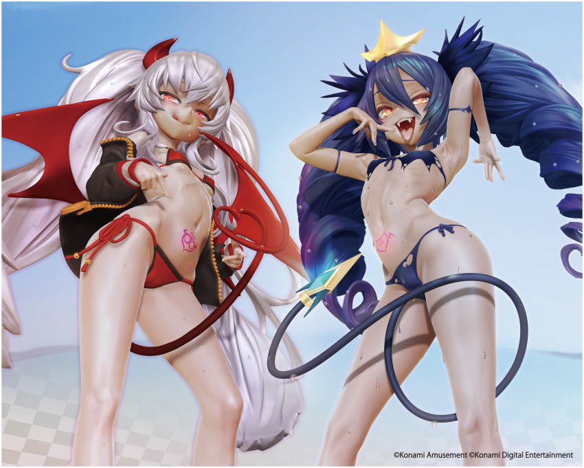 2girls 3d :q absurdres arm_strap armpits bare_shoulders bikini blue_bikini bombergirl breasts cameltoe commentary_request crown dark_persona demon_girl demon_horns demon_tail demon_wings drill_hair evo_grim fangs feet_out_of_frame figure_available grim_aloe hair_between_eyes heart heart-shaped_pupils heart_tail heart_tattoo highres horns jacket leslyzerosix lewisia_aquablue long_hair looking_at_viewer low_wings merchandise_available multiple_girls naughty_face navel off_shoulder open_clothes open_jacket open_mouth pointing pubic_tattoo quiz_magic_academy red_bikini red_eyes red_horns red_tail red_wings skindentation small_breasts swimsuit symbol-shaped_pupils tail tattoo teeth tongue tongue_out twin_drills twintails wet white_hair wings yellow_eyes