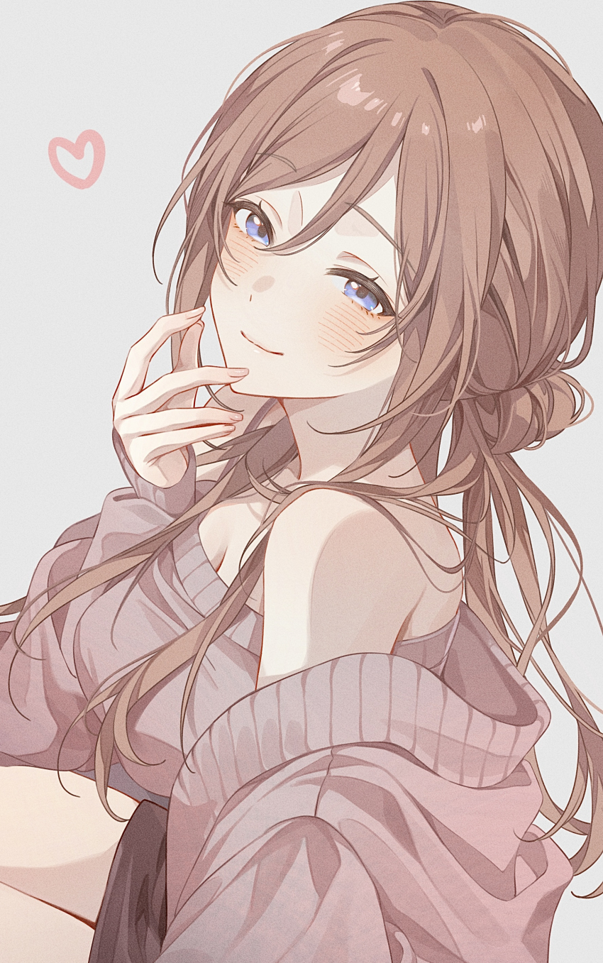 1girl absurdres black_skirt blue_eyes blush breasts brown_cardigan brown_hair brown_shirt cardigan cleavage closed_mouth commentary_request fingernails from_side gakuen_idolmaster grey_background hair_between_eyes hair_rings hand_to_own_mouth heart highres himesaki_rinami idolmaster large_breasts long_hair long_sleeves looking_at_viewer mameko_(l8_w3) miniskirt off_shoulder open_cardigan open_clothes shirt simple_background sitting skirt smile solo strapless strapless_shirt upper_body