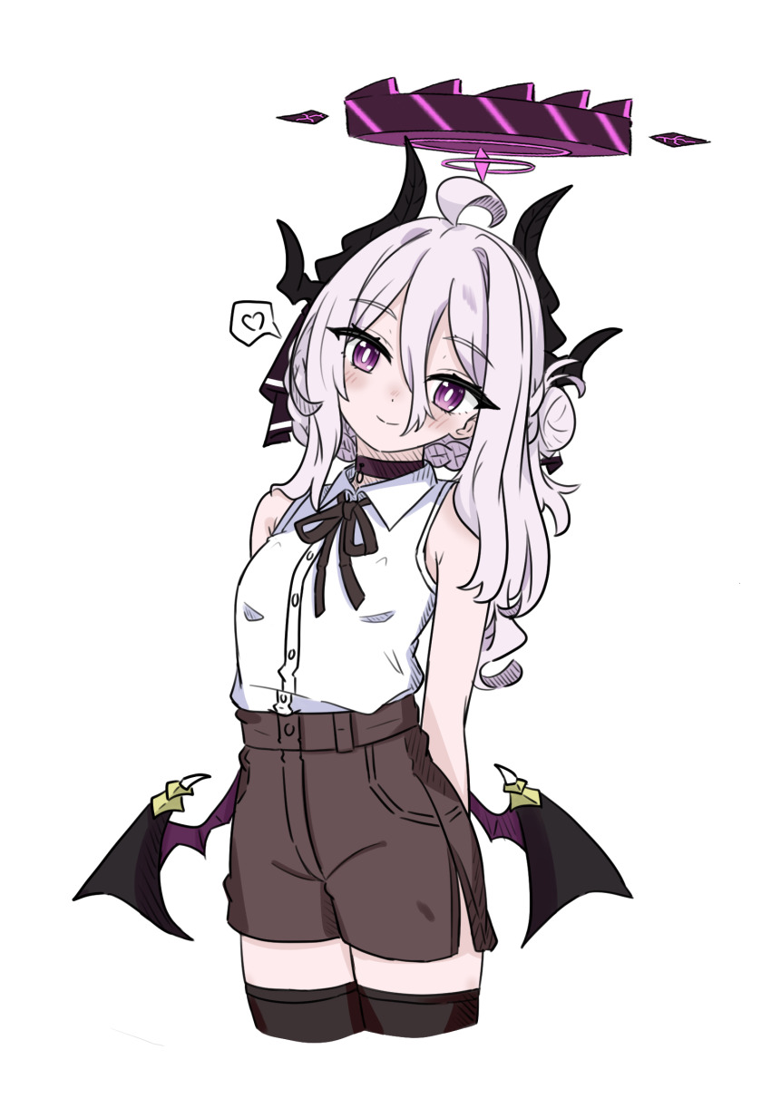 1girl blue_archive commentary e_v_e_neko halo heart highres hina_(blue_archive) horns long_hair purple_eyes shirt shorts simple_background sleeveless solo spoken_heart thighhighs white_background white_shirt wings