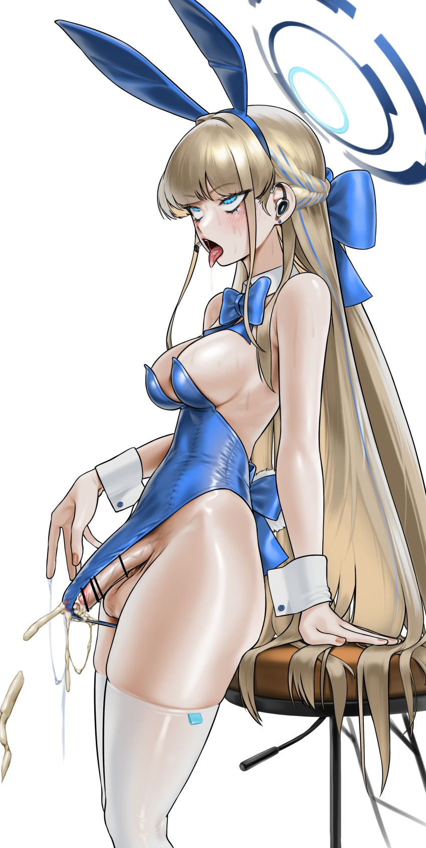 1girl absurdres ahegao animal_ears bar_censor blonde_hair blue_archive blue_bow blue_bowtie blue_eyes blue_halo blue_leotard blush bow bowtie breasts censored commentary cropped_legs cum cum_in_clothes cum_through_clothes detached_collar earphones earpiece ejaculation english_commentary fake_animal_ears from_side futa_with_female futanari hair_bow halo highres large_breasts leotard long_hair no_bra no_panties norunollu penis playboy_bunny precum precum_through_clothes rabbit_ears sideboob solo standing strapless strapless_leotard testicles thighhighs toki_(blue_archive) toki_(bunny)_(blue_archive) tongue tongue_out white_thighhighs wrist_cuffs