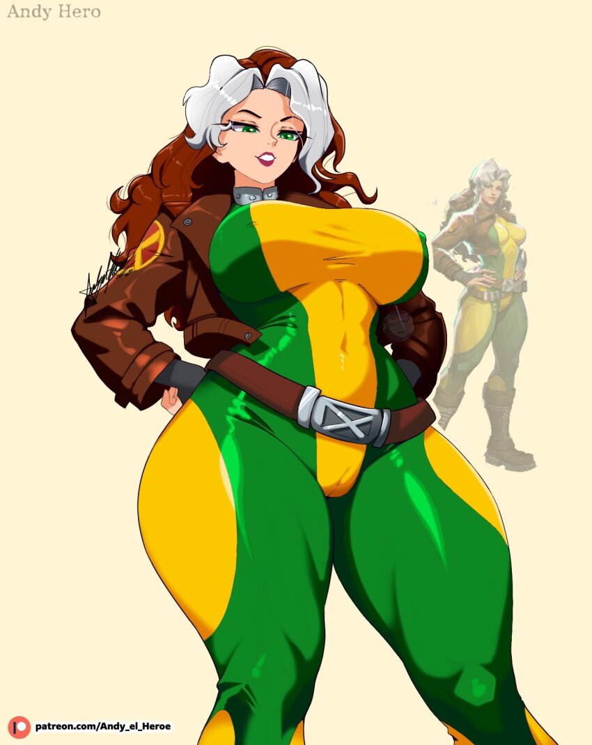 1girl andy_hero artist_name belt bodysuit breasts brown_hair brown_jacket female_focus green_bodysuit highres jacket large_breasts long_hair marvel marvel_rivals multicolored_bodysuit multicolored_hair open_clothes open_jacket patreon_logo patreon_username rogue_(x-men) solo superhero_costume two-tone_hair watermark web_address x-men