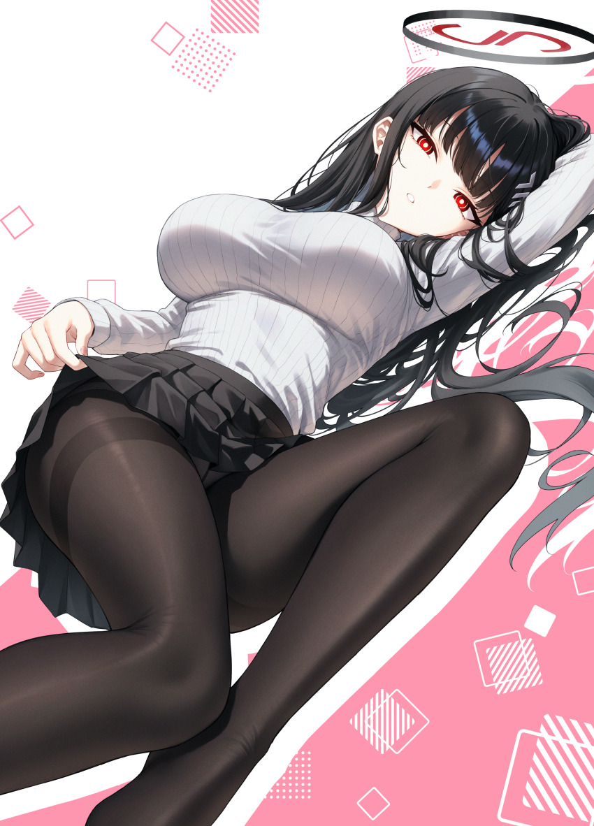 1girl absurdres anjaku112 black_hair black_pantyhose black_skirt blue_archive blush breasts clothes_lift commentary halo highres large_breasts long_hair looking_at_viewer pantyhose parted_lips red_eyes red_halo rio_(blue_archive) skirt skirt_lift solo sweater thighband_pantyhose white_sweater