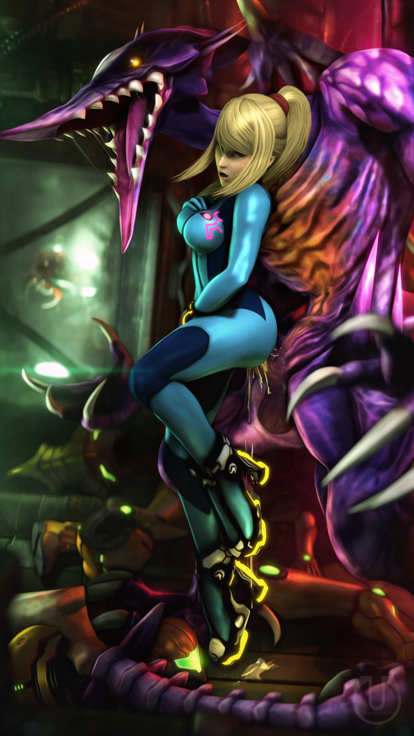 1boy 1girl 3d aqua_eyes artist_logo blonde_hair bodysuit breasts clothed_sex cum cum_overflow defeat hair_tie high_heels interspecies large_penis legs logo long_hair long_legs looking_back medium_breasts metroid metroid_(creature) monster nintendo open_mouth penis ponytail ridley samus_aran sex sex_from_behind sharp_teeth skin_tight standing standing_on_one_leg super_smash_bros. teeth testicles tiptoes unworn_armor urbanator zero_suit