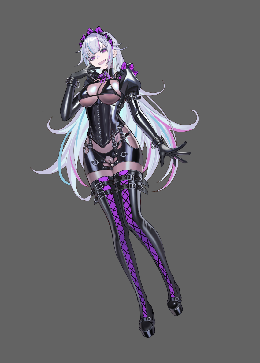 1girl :d absurdres black_corset bodysuit bondage_outfit boots breasts commentary_request commission corset full_body grey_background grey_hair highres juliet_sleeves lace-up_boots latex latex_bodysuit long_hair long_sleeves looking_at_viewer maid_headdress medium_breasts open_mouth original puffy_sleeves purple_eyes pussy second-party_source see-through_bodysuit see-through_clothes shen_hai_ichigo shiny_clothes smile solo thigh_boots variant_set very_long_hair wrist_cuffs
