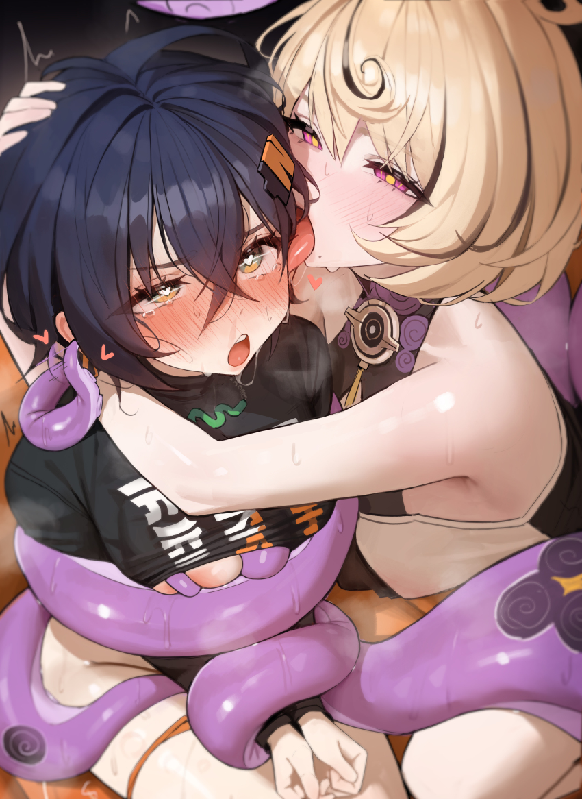 2girls absurdres belle_(zenless_zone_zero) black_hair black_shirt blonde_hair blue_hair breasts heart heart-shaped_pupils highres hyuk_(yeayeo) licking licking_another's_face medium_breasts monster_girl multicolored_hair multiple_girls octopus_girl open_mouth pink_eyes scylla shirt short_hair symbol-shaped_pupils tentacles two-tone_hair underboob yellow_eyes yidhari_murphy yuri zenless_zone_zero