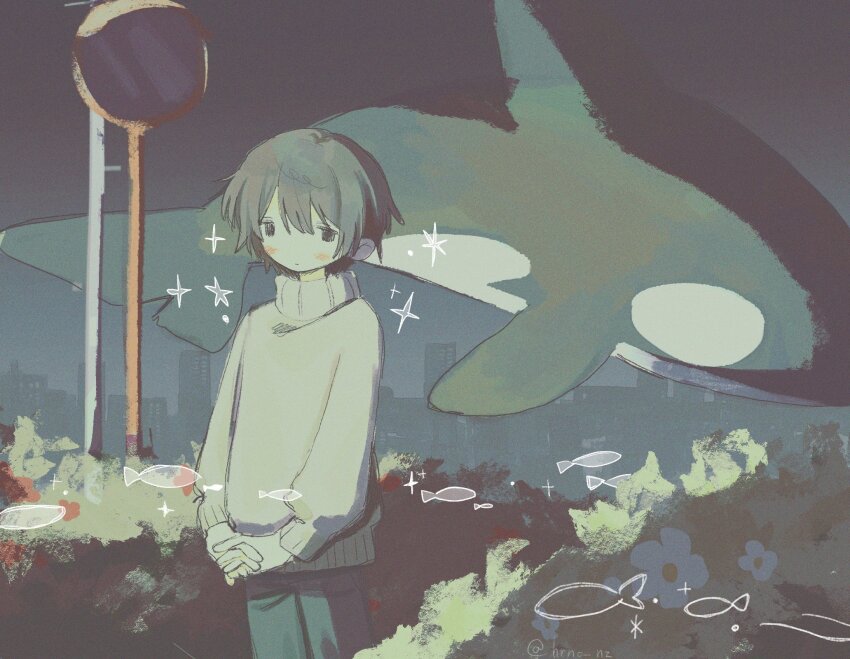 1girl black_eyes blush brown_hair closed_mouth cowboy_shot dolphin fish flower green_pants highres long_sleeves nishijima_fuyuki original outdoors pants ribbed_sweater road_sign short_hair sign solo sparkle sweater turtleneck turtleneck_sweater twitter_username white_sweater