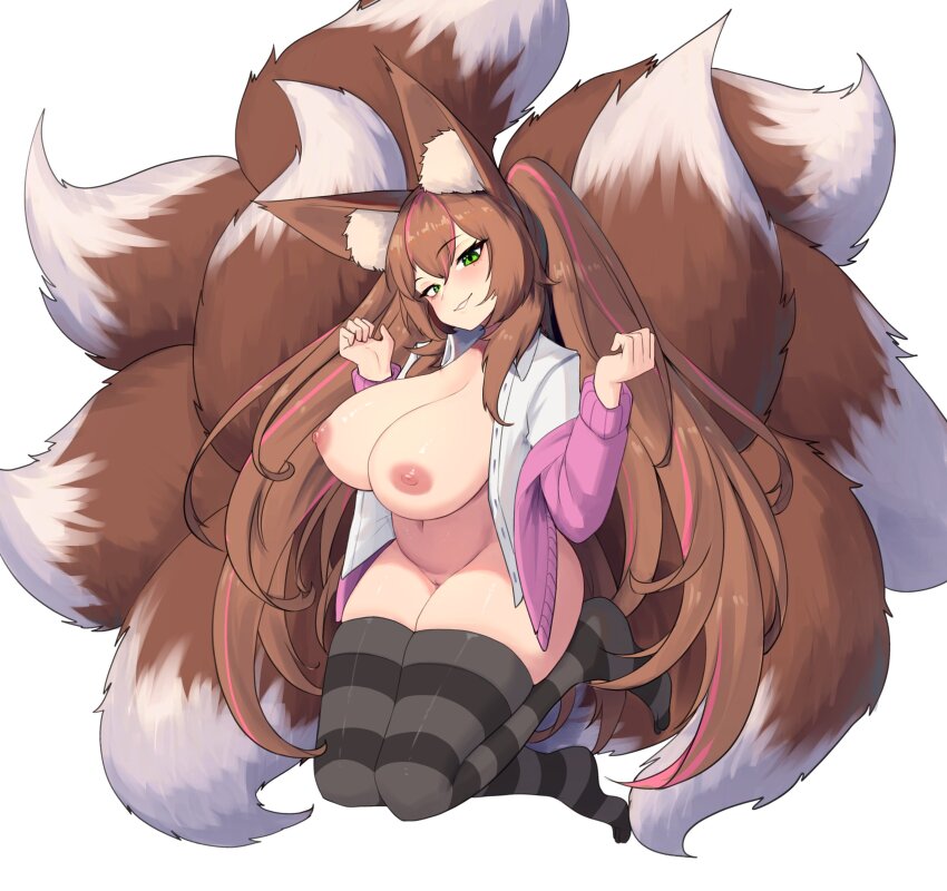 1girl absurdres animal_ear_fluff animal_ears black_thighhighs breasts brown_hair cardigan cleft_of_venus commentary commission double-parted_bangs english_commentary fox_ears fox_girl fox_tail full_body green_eyes hair_between_eyes hands_up highres huge_breasts kitsune kyuubi large_tail long_hair looking_at_viewer multiple_tails nipples no_shoes nude open_cardigan open_clothes open_shirt original parted_lips pink_cardigan plushmallow pussy rajah_(dajah) shirt simple_background skindentation smile solo striped_clothes striped_thighhighs tail thighhighs thighs twintails very_long_hair white_background white_shirt