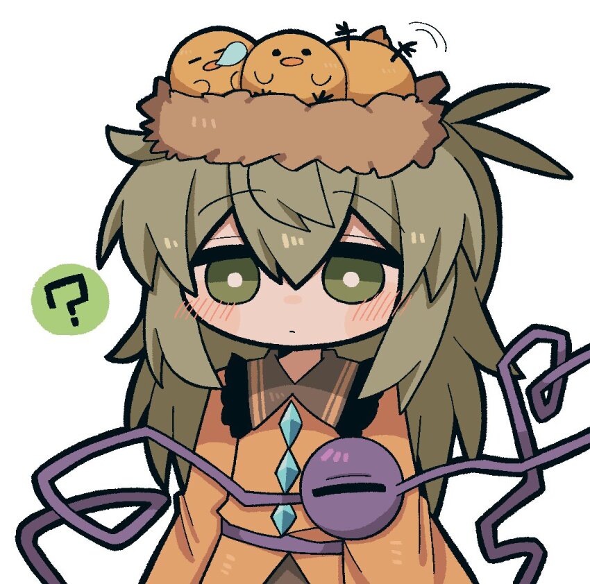 1girl ? animal animal_on_head baby_animal bird blush bright_pupils buttons chick collared_shirt diamond_(shape) diamond_button feathers frilled_shirt frilled_shirt_collar frills green_eyes green_hair green_skirt hair_between_eyes komeiji_koishi long_hair long_sleeves nest nest_on_head on_head bad_tag shirt simple_background skirt sleeping solo speech_bubble third_eye touhou white_background white_pupils yellow_feathers yellow_shirt zunusama