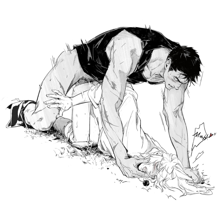 2025 2boys abs anal bad_tag barefoot berserk black_hair blush cum dialogue_box dialogues doggystyle dominance ejaculating_while_penetrated ejaculation ejami feet femboy gay gray_scaling griffith_(berserk) guts_(berserk) highres holding kiss large_penis long_hair looking_at_viewer looking_back luluzhang998873 lying male male_focus male_penetrated moaning moaning_only monochrome multiple_boys muscular muscular_male orgasm orgasm_from_anal partially_nude pectorals penetration_focus penetration_gesture penis rough_sex scar scars_all_over scarstuff sex sex_from_behind short_hair testicles text_focus too_many white_background white_hair yaoi