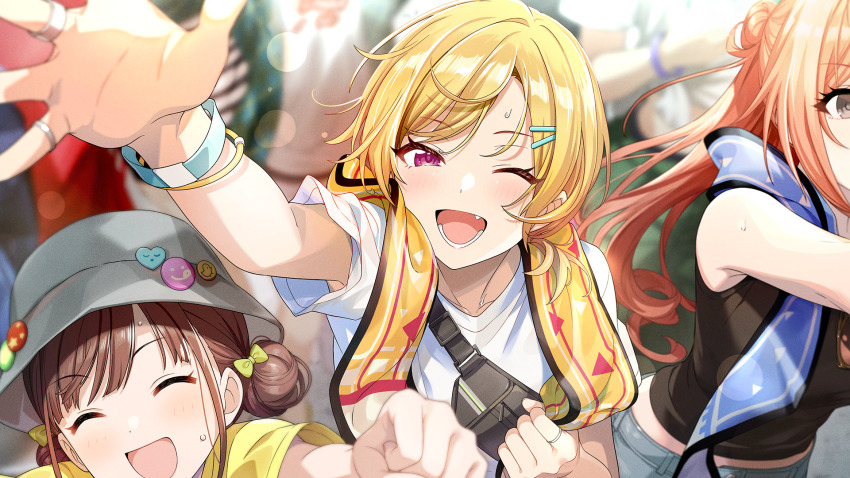 arisugawa_natsuha arm_up bracelet brown_hair closed_eyes fang game_cg grey_eyes hair_ornament hairclip hat heart idolmaster idolmaster_shiny_colors idolmaster_shiny_colors_song_for_prism jewelry official_art one_eye_closed open_mouth orange_hair red_eyes ring saijo_juri sonoda_chiyoko