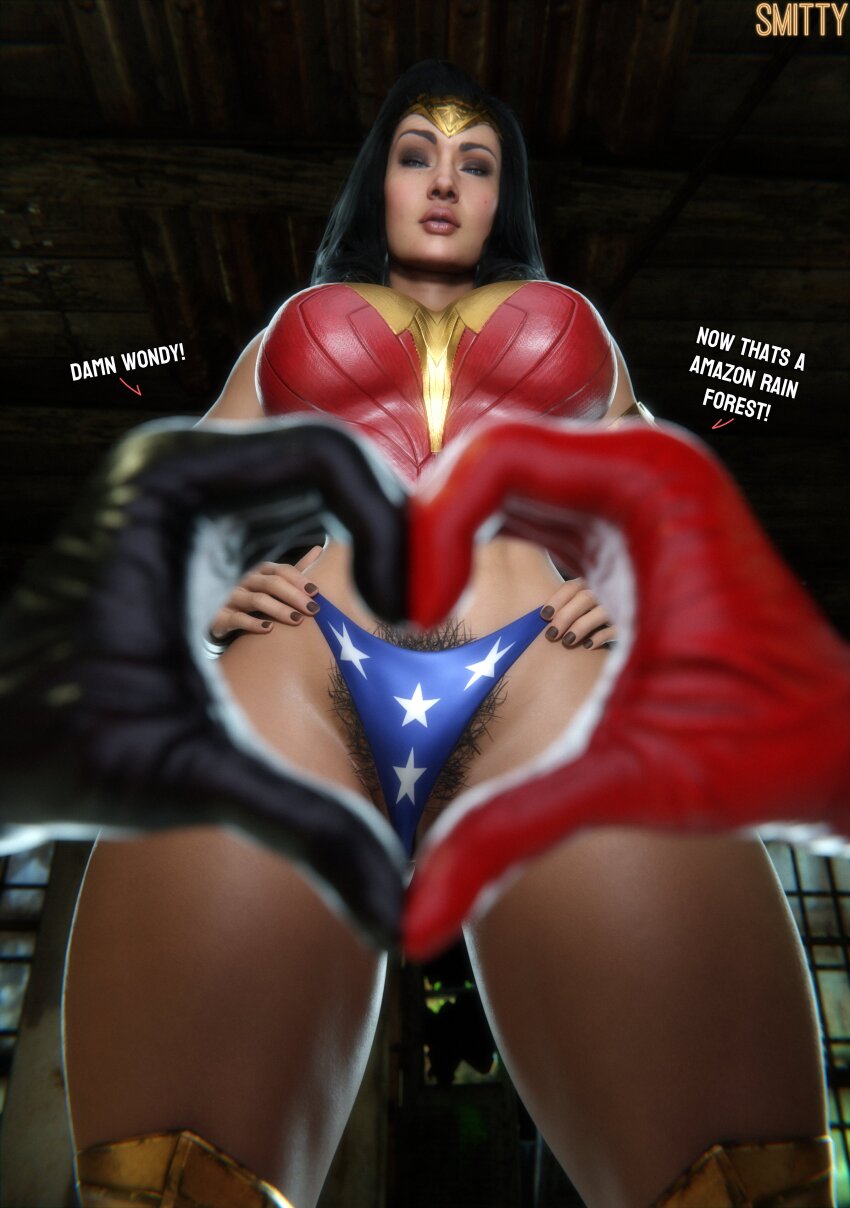 2girls 3d absurdres artist_name asymmetrical_gloves black_hair breasts commentary dc_comics english_commentary english_text female_pubic_hair from_below gloves gold_tiara harley_quinn heart heart_hands highres large_breasts long_hair multiple_girls panties pubic_hair smittt34 star_(symbol) star_print thick_thighs thighs tiara underwear wide_hips wonder_woman