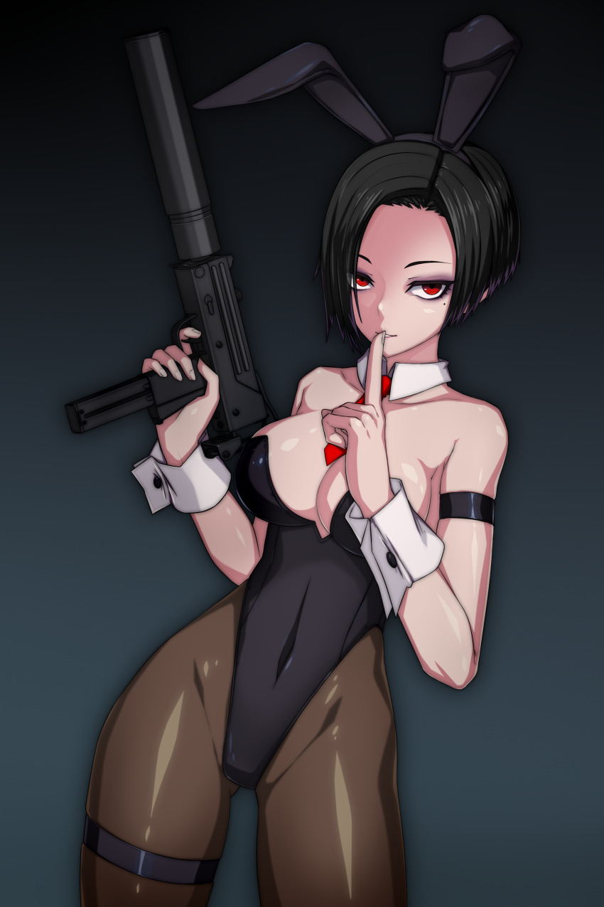 1girl absurdres animal_ear_hairband animal_ears black_hair black_leotard breasts commentary covered_navel detached_collar english_commentary fake_animal_ears finger_on_trigger finger_to_mouth gun hair_over_one_eye hairband highleg highleg_leotard highres holding holding_gun holding_weapon large_breasts leotard looking_at_viewer mole mole_under_eye necktie original pantyhose playboy_bunny rabbit_ears red_eyes red_necktie short_hair shushing solo strapless strapless_leotard submachine_gun tanke_laide thigh_strap very_short_hair weapon wrist_cuffs