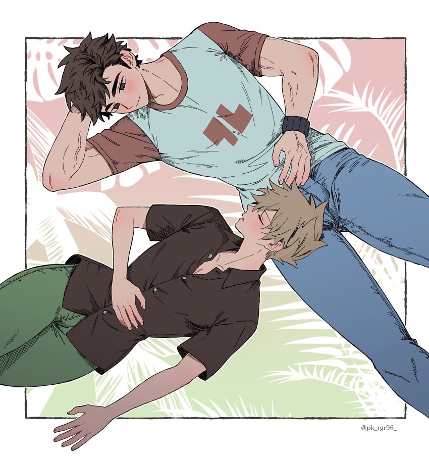 2boys absurdres arm_up black_shirt blue_oak blue_pants border brown_eyes brown_hair buttons closed_eyes collared_shirt commentary_request crew_neck denim feet_out_of_frame from_above green_pants hand_on_own_stomach highres jeans lap_pillow looking_at_another lying male_focus multiple_boys nintendo on_back outside_border pants parted_bangs parted_hair pk_rgr96 pokemon pokemon_sm print_shirt red_(pokemon) shirt short_sleeves sideburns watch wristwatch