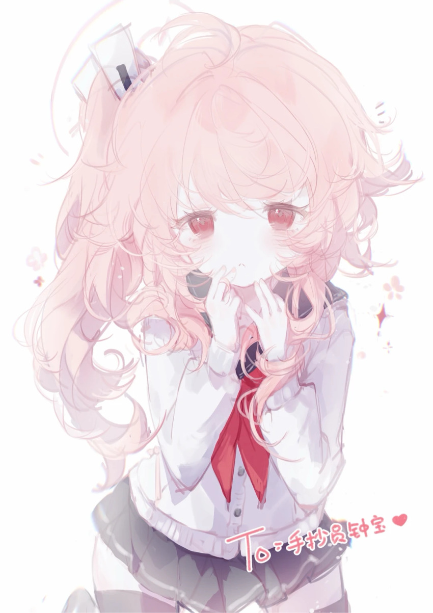 1girl :< black_sailor_collar black_skirt black_thighhighs blue_archive blush buttons cardigan chinese_commentary closed_mouth commentary_request cowboy_shot halo hands_up highres long_hair long_sleeves looking_at_viewer making-of_available miniskirt natsu_(blue_archive) neckerchief notice_lines pink_hair pink_halo pleated_skirt puffy_long_sleeves puffy_sleeves qianyeluomu red_eyes red_neckerchief sailor_collar school_uniform serafuku side_ponytail simple_background skirt solo split_mouth thighhighs white_background white_cardigan zettai_ryouiki